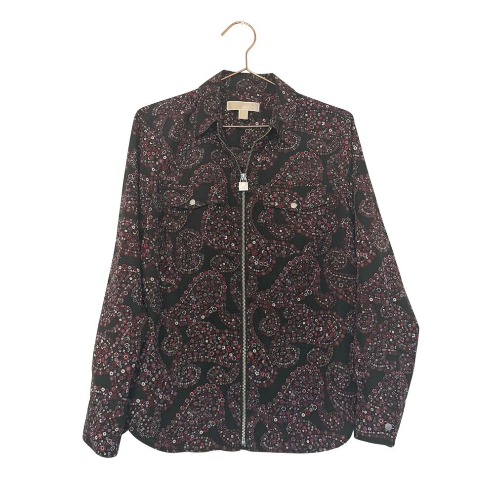 Michael Michael Kors Black and Red Floral Zip-Up Shirt